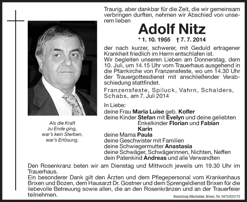  Traueranzeige für Adolf Nitz vom 08.07.2014 aus Dolomiten