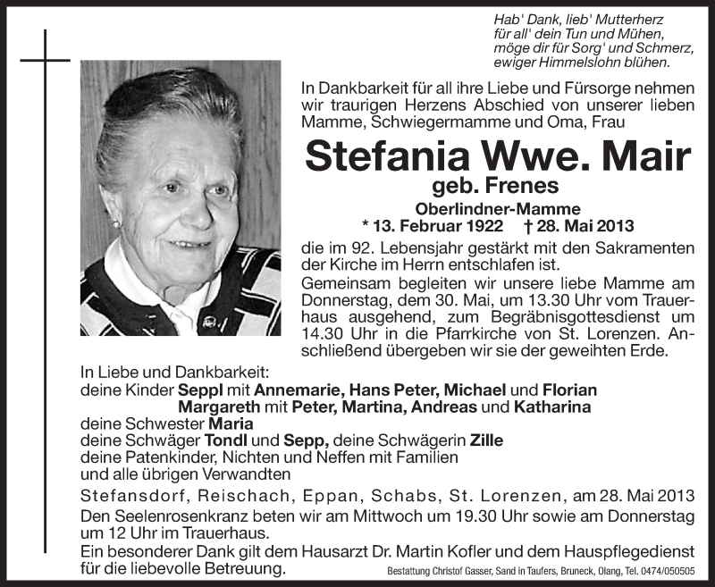  Traueranzeige für Stefania Mair vom 29.05.2013 aus Dolomiten
