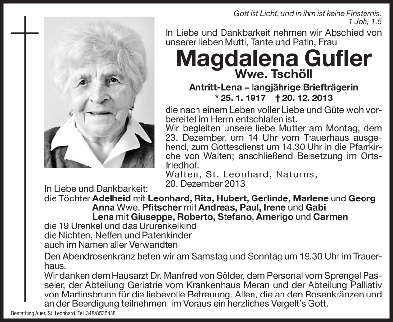  Traueranzeige für Magdalena Tschöll vom 21.12.2013 aus Dolomiten