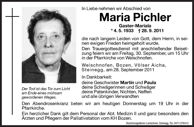  Traueranzeige für Maria Pichler vom 29.09.2011 aus Dolomiten