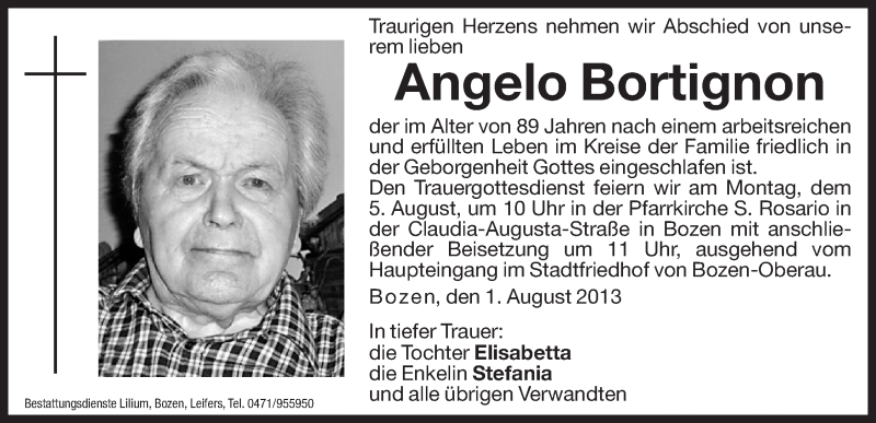  Traueranzeige für Angelo Bortignon vom 03.08.2013 aus Dolomiten