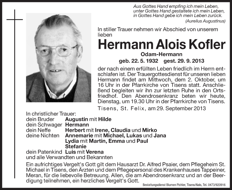  Traueranzeige für Hermann Alois Kofler vom 01.10.2013 aus Dolomiten