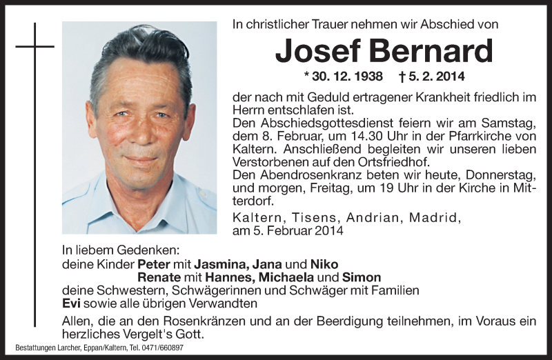  Traueranzeige für Josef Bernard vom 06.02.2014 aus Dolomiten