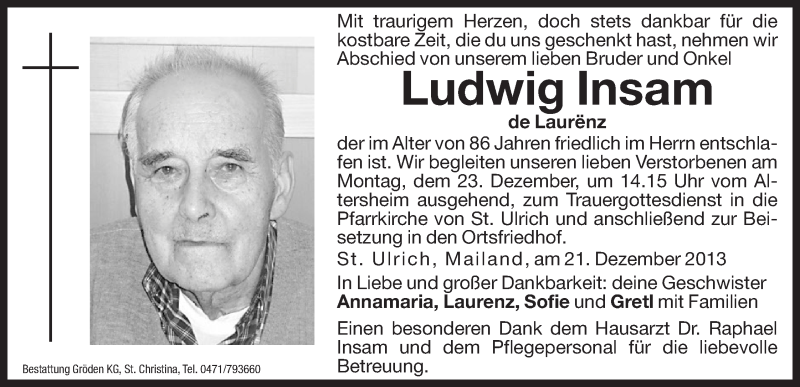  Traueranzeige für Ludwig Insam vom 23.12.2013 aus Dolomiten