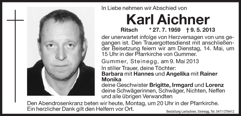 Traueranzeige für Karl Aichner vom 13.05.2013 aus Dolomiten
