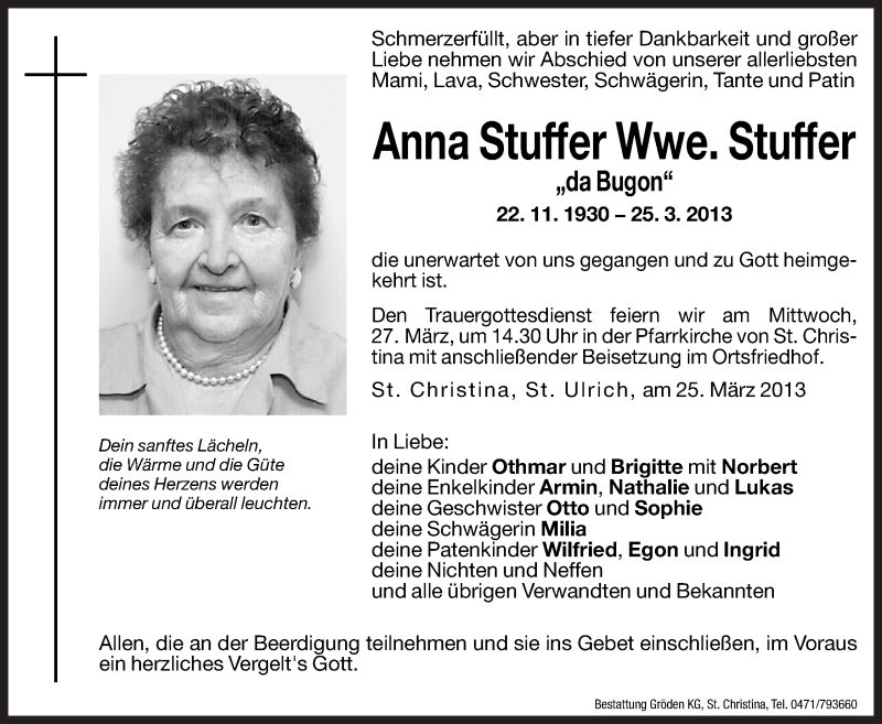  Traueranzeige für Anna Stuffer vom 27.03.2013 aus Dolomiten