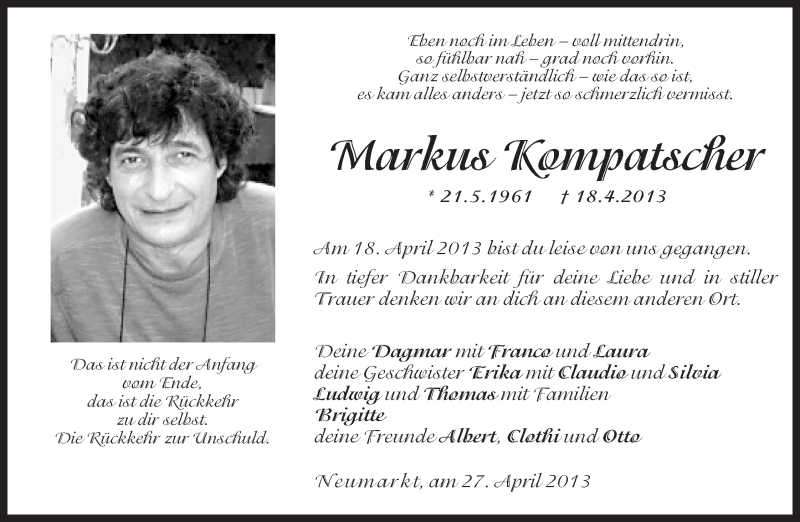  Traueranzeige für Markus Kompatscher vom 27.04.2013 aus Dolomiten