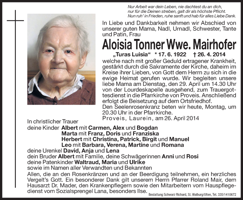  Traueranzeige für Aloisia Tonner vom 28.04.2014 aus Dolomiten