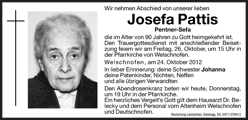  Traueranzeige für Josefa Pattis vom 25.10.2012 aus Dolomiten