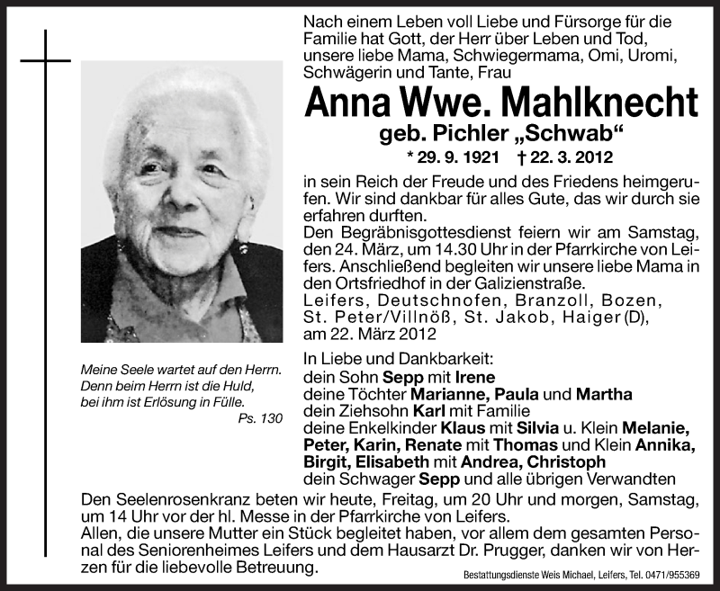  Traueranzeige für Anna Mahlknecht vom 23.03.2012 aus Dolomiten