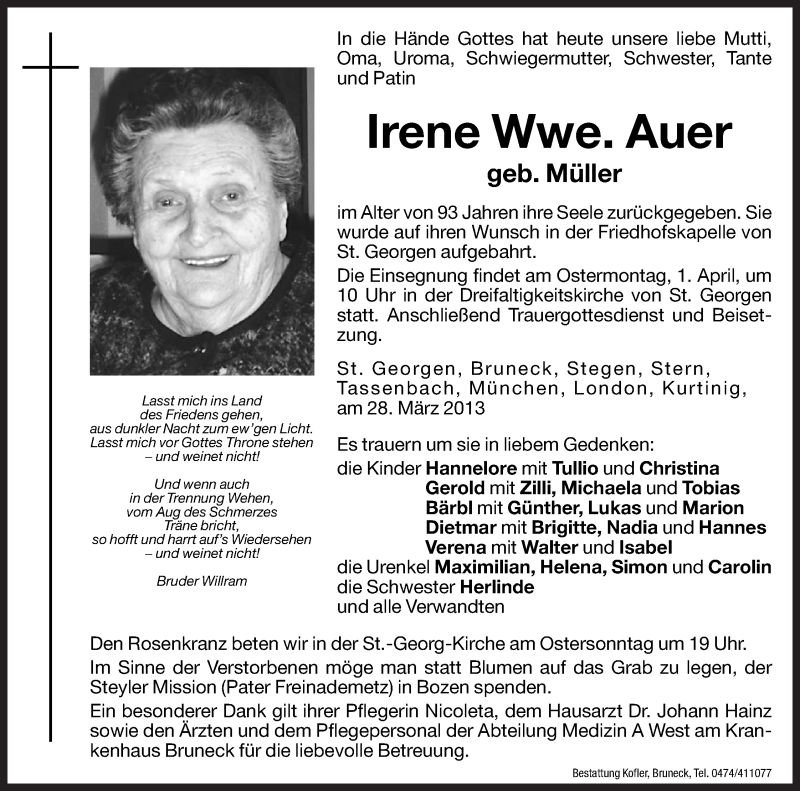  Traueranzeige für Irene Auer vom 30.03.2013 aus Dolomiten