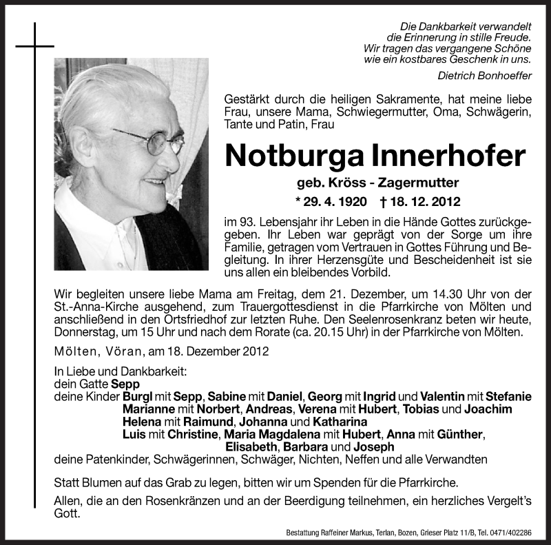  Traueranzeige für Notburga Innerhofer vom 20.12.2012 aus Dolomiten