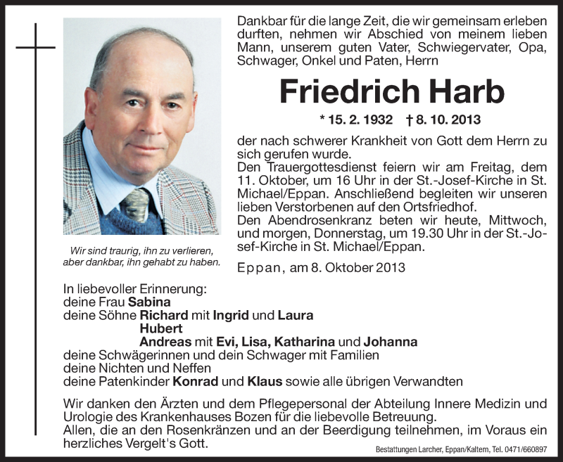  Traueranzeige für Friedrich Harb vom 09.10.2013 aus Dolomiten