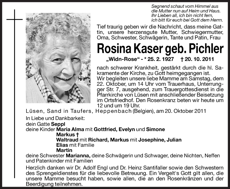  Traueranzeige für Rosina Kaser vom 21.10.2011 aus Dolomiten