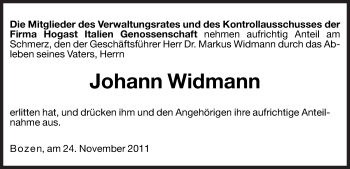 Traueranzeige von Johann Widmann von Dolomiten