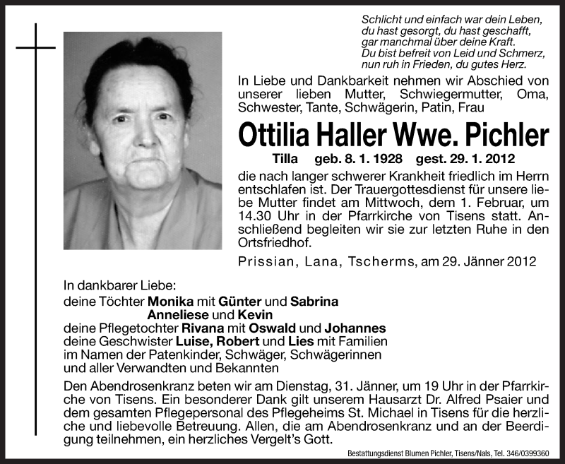  Traueranzeige für Ottilia Pichler vom 30.01.2012 aus Dolomiten