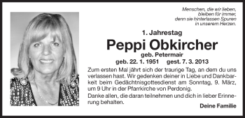 Traueranzeige von Peppi Obkircher von Dolomiten