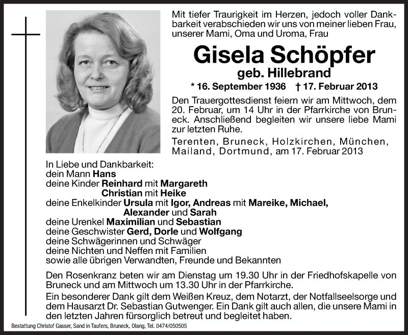  Traueranzeige für Gisela Schöpfer vom 19.02.2013 aus Dolomiten