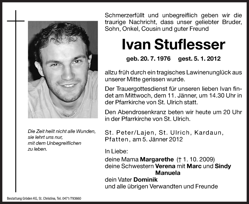  Traueranzeige für Ivan Stuflesser vom 10.01.2012 aus Dolomiten