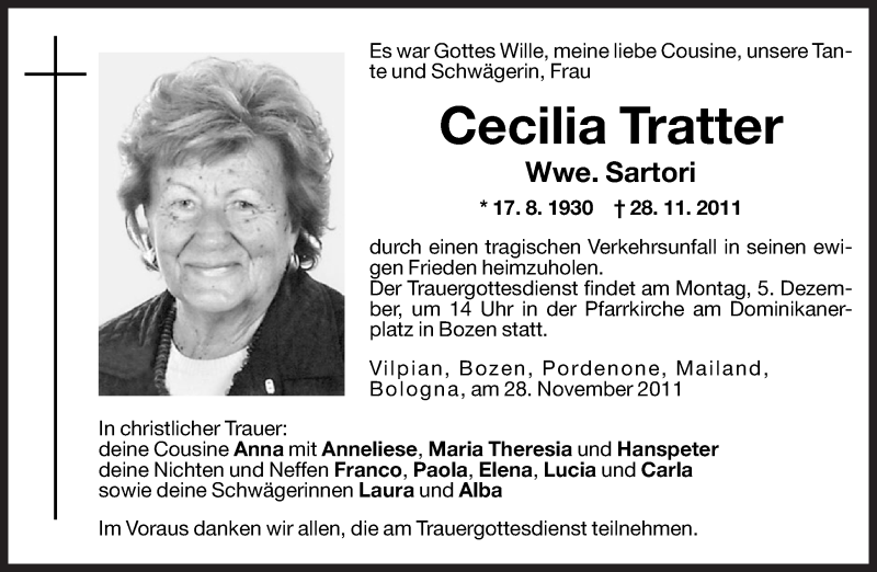  Traueranzeige für Cecilia Sartori vom 01.12.2011 aus Dolomiten