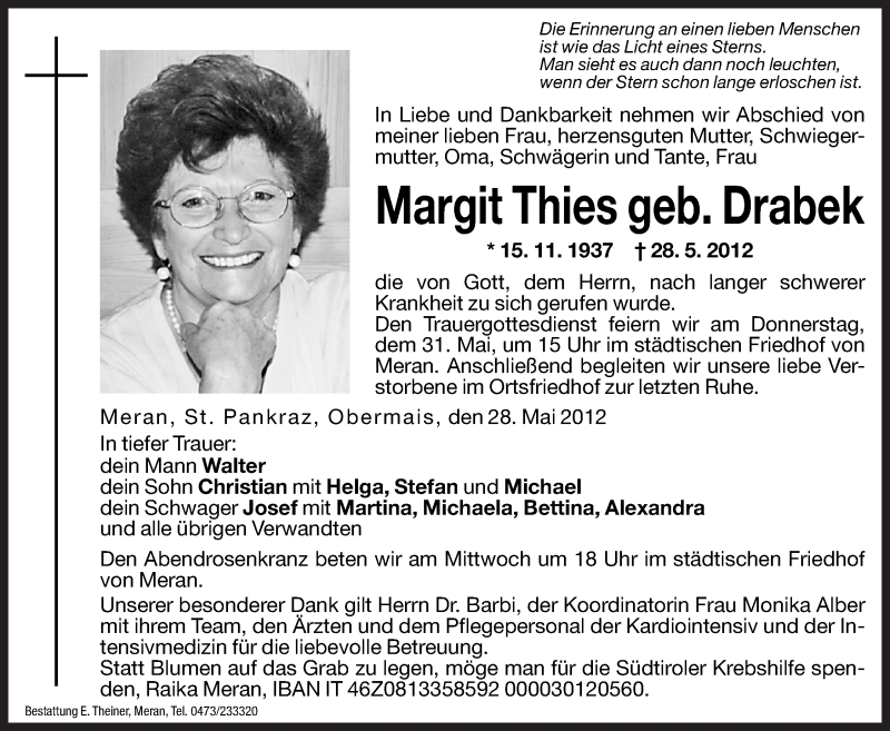  Traueranzeige für Margit Thies vom 30.05.2012 aus Dolomiten