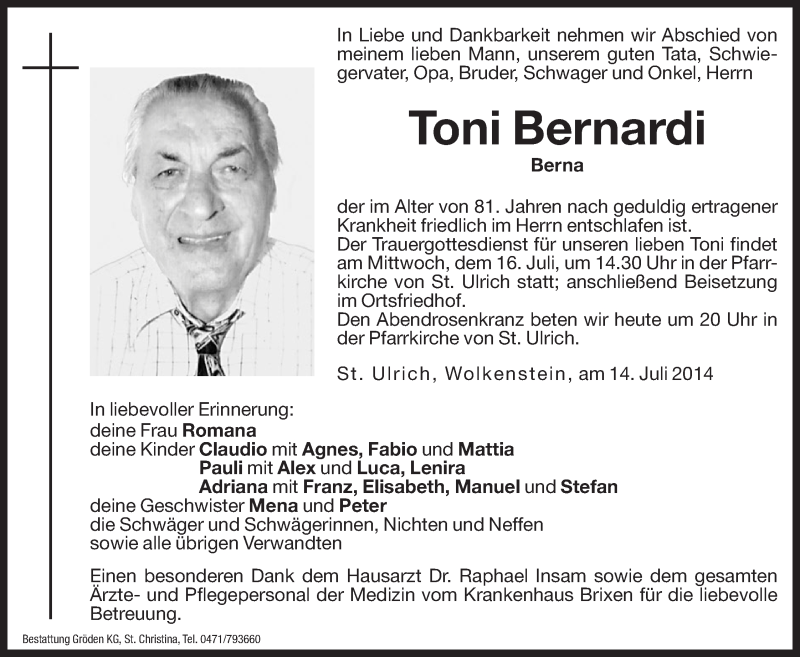  Traueranzeige für Toni Bernardi vom 15.07.2014 aus Dolomiten