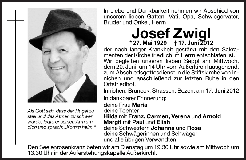  Traueranzeige für Josef Zwigl vom 19.06.2012 aus Dolomiten