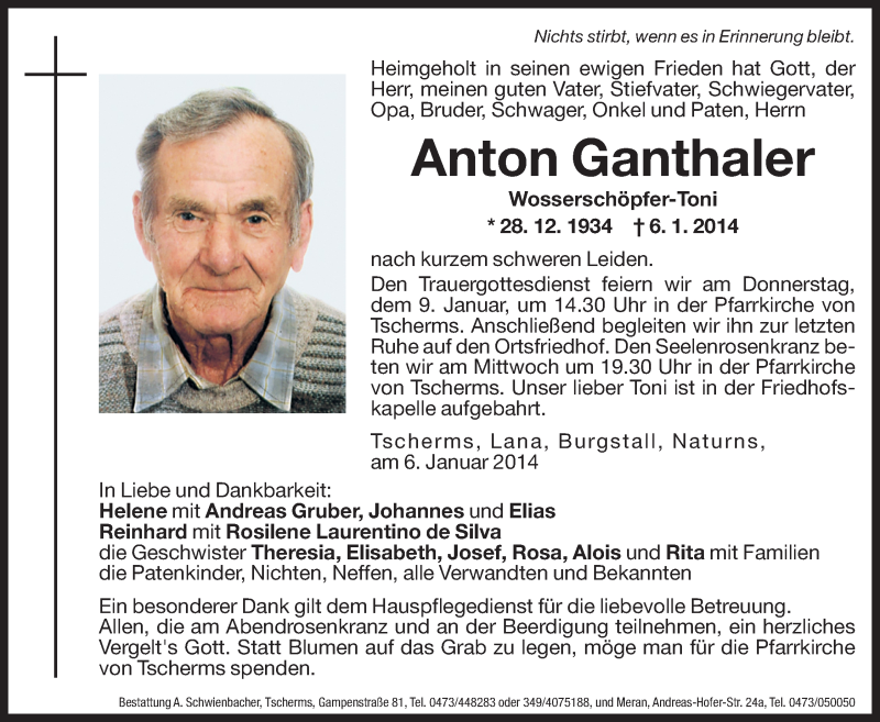  Traueranzeige für Anton Ganthaler vom 08.01.2014 aus Dolomiten