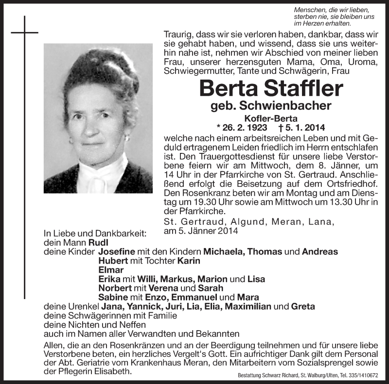  Traueranzeige für Berta Staffler vom 07.01.2014 aus Dolomiten