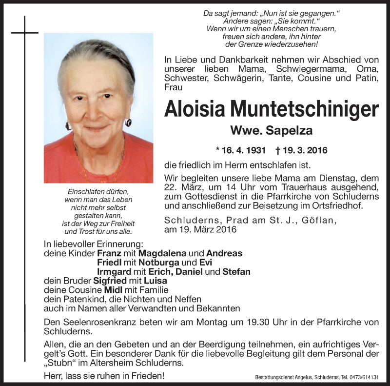  Traueranzeige für Aloisia Sapelza vom 21.03.2016 aus Dolomiten