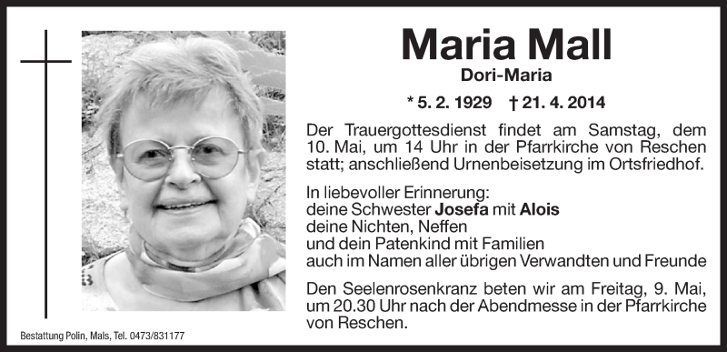  Traueranzeige für Maria Mall vom 08.05.2014 aus Dolomiten