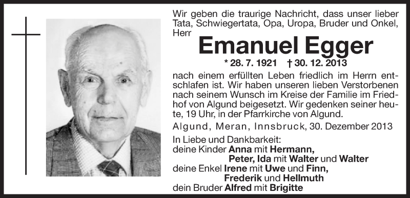  Traueranzeige für Emanuel Egger vom 10.01.2014 aus Dolomiten