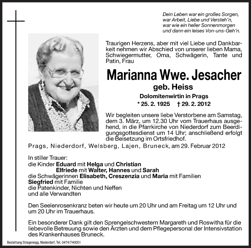  Traueranzeige für Marianna Jesacher vom 01.03.2012 aus Dolomiten