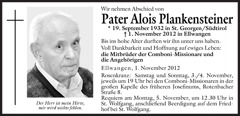  Traueranzeige für Alois Plankensteiner vom 03.11.2012 aus Dolomiten