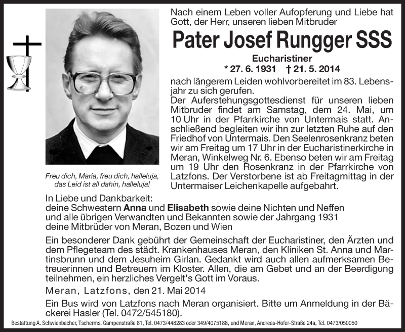  Traueranzeige für Pater Josef Rungger vom 23.05.2014 aus Dolomiten