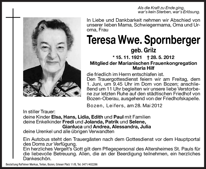  Traueranzeige für Teresa Spornberger vom 31.05.2012 aus Dolomiten