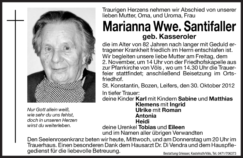  Traueranzeige für Marianna Santifaller vom 31.10.2012 aus Dolomiten