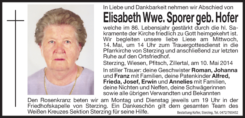  Traueranzeige für Elisabeth Sporer vom 12.05.2014 aus Dolomiten