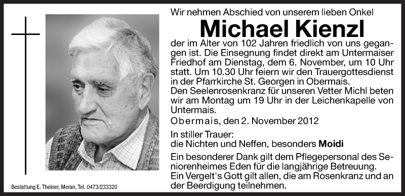  Traueranzeige für Michael Kienzl vom 05.11.2012 aus Dolomiten