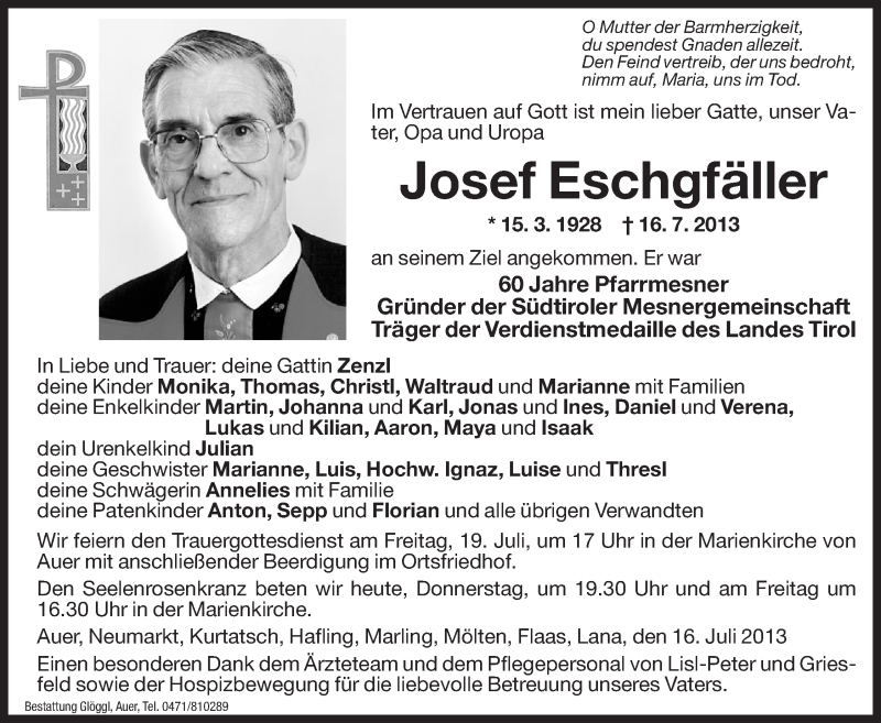  Traueranzeige für Josef Eschgfäller vom 18.07.2013 aus Dolomiten