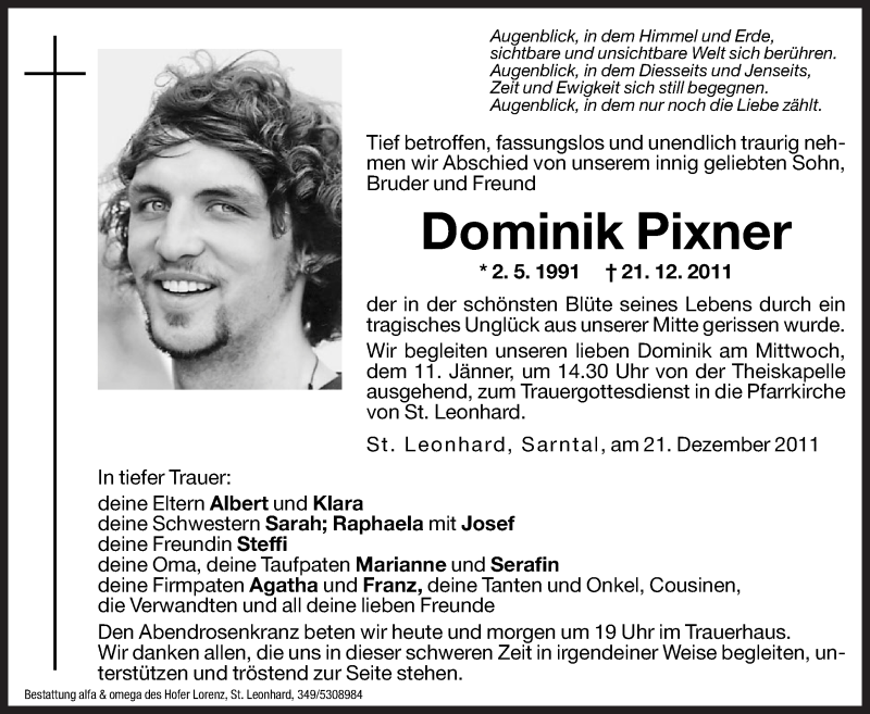  Traueranzeige für Dominik Pixner vom 09.01.2012 aus Dolomiten