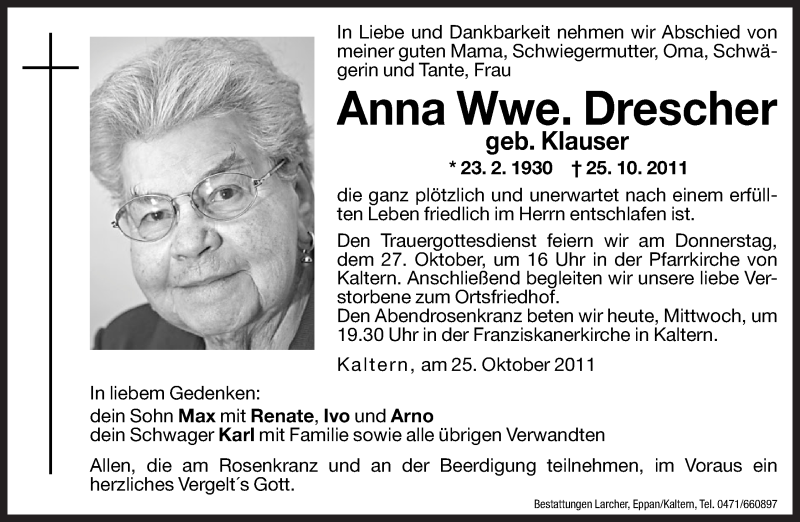  Traueranzeige für Anna Drescher vom 01.01.0001 aus Dolomiten