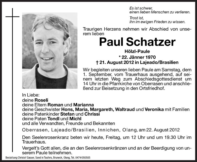  Traueranzeige für Paul Schatzer vom 31.08.2012 aus Dolomiten