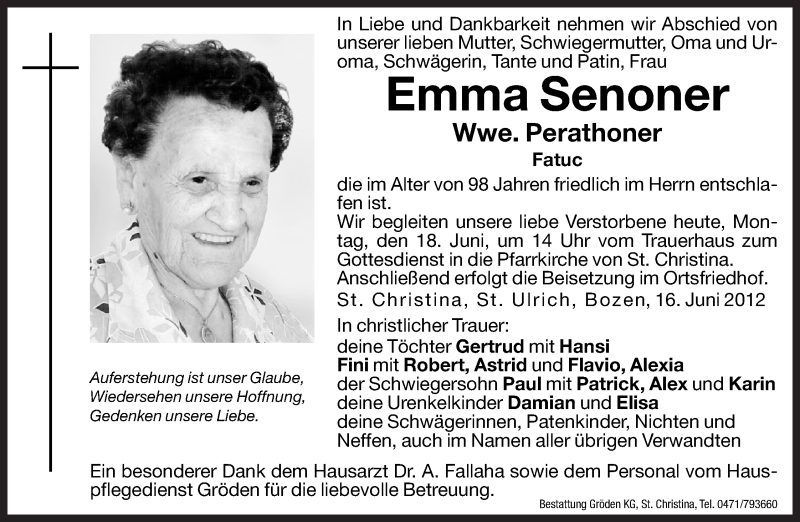  Traueranzeige für Emma Perathoner vom 18.06.2012 aus Dolomiten