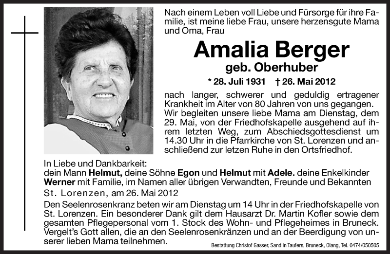  Traueranzeige für Amalia Berger vom 29.05.2012 aus Dolomiten