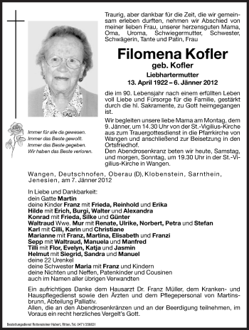 Traueranzeige von Filomena Kofler von Dolomiten