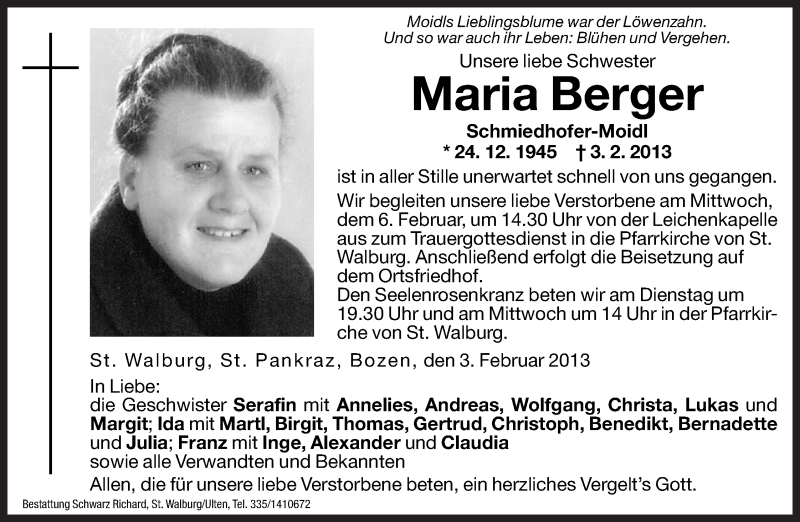  Traueranzeige für Maria Berger vom 05.02.2013 aus Dolomiten