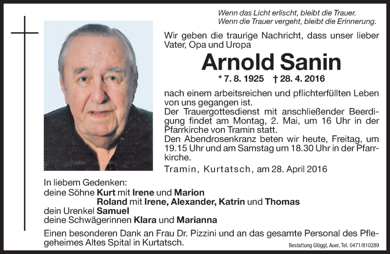  Traueranzeige für Arnold Sanin vom 29.04.2016 aus Dolomiten