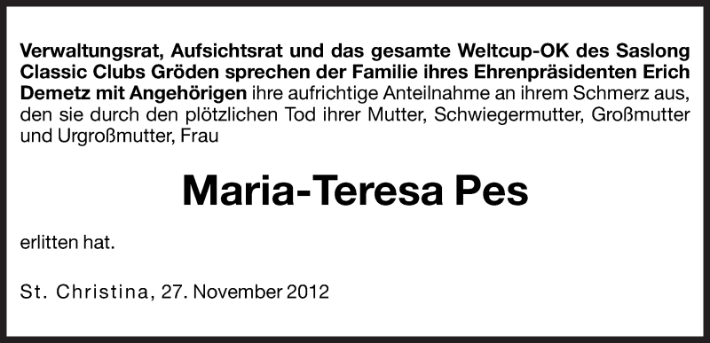  Traueranzeige für Maria-Teresa Pes vom 28.11.2012 aus Dolomiten