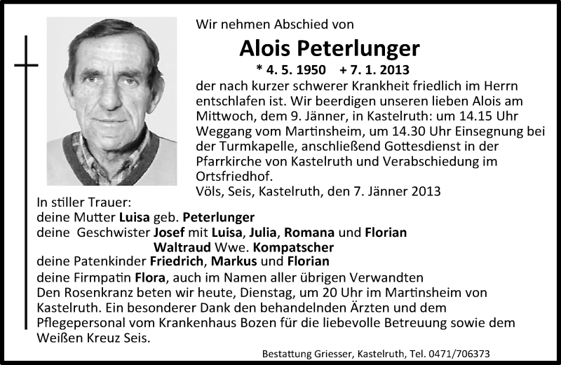  Traueranzeige für Alois Peterlunger vom 08.01.2013 aus Dolomiten